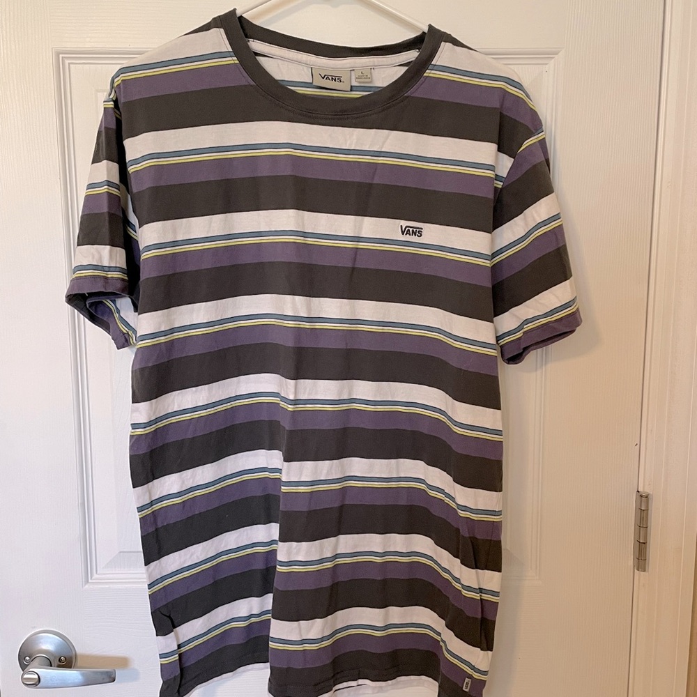 VANS Boys Large Striped Tee Shirt. Purplee, yellow & blue